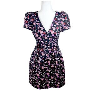 Adrianna Papell Dress Women 6 Black Floral Metallic Embroidered Fit Flare V-Neck